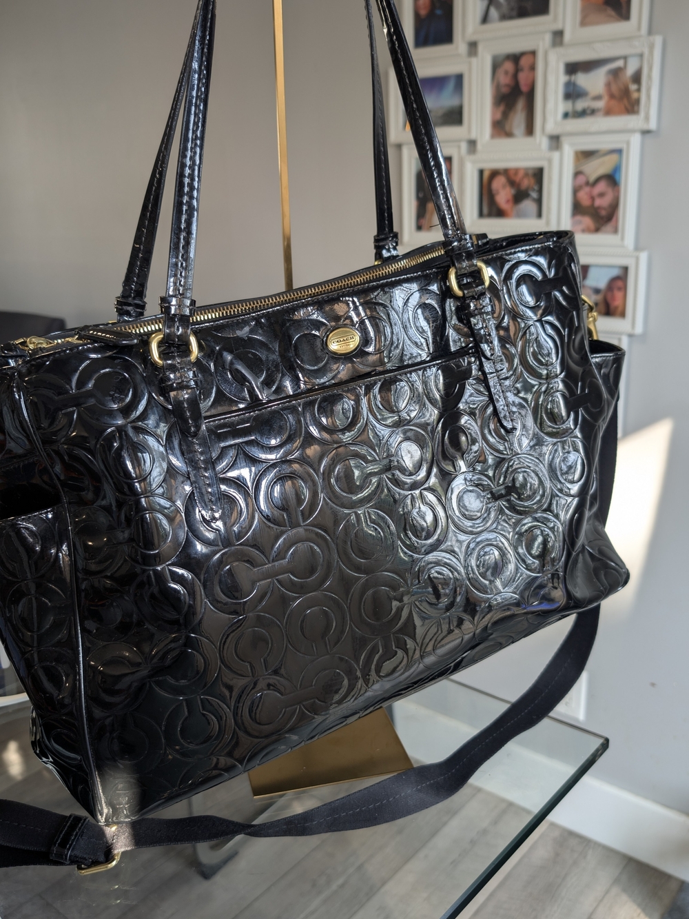 Coach Black Patent Signature Embossed Tote with Gold Accents
